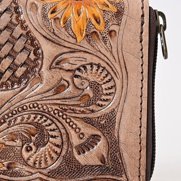 ⭐Women's Bifold Flower Carved Slots Basket Tooled Clutch Zip Around Wristlet - Picture 7 of 7